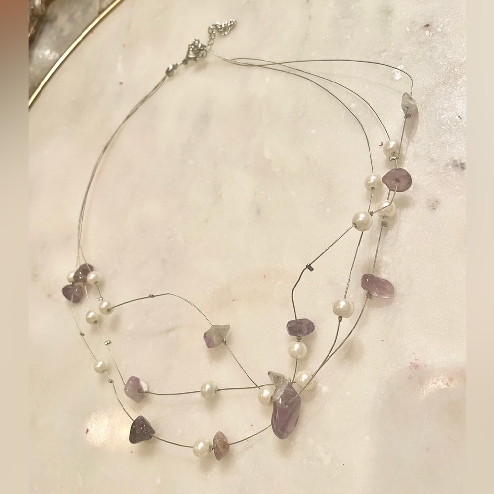 Vintage Silver Purple Gem Pearl Necklace